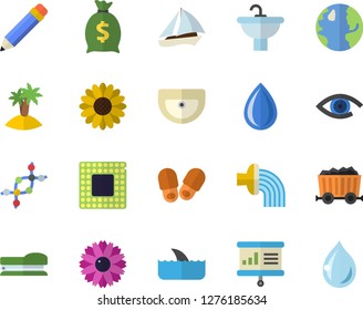 Color flat icon set sink flat vector, flower, hose irrigation, earth, mining, wealth, stapler, pencil, cpu, presentaition board, dna, sailboat fector, island, shark, slippers, eye, drop