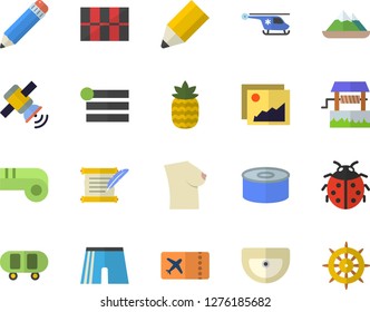 Color flat icon set sink flat vector, tile, canned food, pineapple, well, ladybird, helicopter, breast, pencil, satellit, hostory roll, skateboard, athletic shorts, whistle, ticket fector, mountains