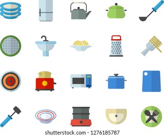 Color flat icon set sink flat vector, saucepan, teapot, ladle, meat hammer, cutting board, induction cooker, microwave, toaster, double boiler, fridge, sieve, grater, plates, spaghetti on a fork