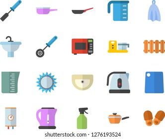 Color flat icon set sink flat vector, heating batteries, boiler, frying pan, saute, meashuring cup, electric kettle, kitchen spatula, spoon, towel, cutting board, gas, microwave, food processor