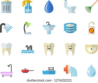 Color flat icon set sink flat vector, toilet, shower, frying pan, plates, pulverizer, rake, hose irrigation, tooth, caries, dental crowns, reading lamp, pool, do not disturb fector, trash can, drop