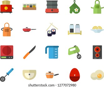 Color flat icon set sink flat vector, frying pan, saute, weighing machine, meashuring cup, apron, potholder, kitchen spoon, egg timer, knives, induction cooker, toaster, mixer, double boiler, spice