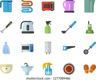 Color flat icon set sink flat vector, boiler, meashuring cup, electric kettle, ladle, kitchen spoon, towel, induction cooker, microwave, blender, pulverizer, saw, telephone, slippers fector