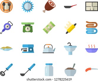 Color flat icon set sink flat vector, house layout, frying pan, weighing machine, teapot, spring balance, ladle, whisk, towel, rolling pin, gas, coffee, glass jar, table setting, spaghetti, soup