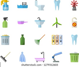 Color flat icon set sink flat vector, toilet, shower, saute, towel, windmill, pulverizer, rake, glass bottles, tooth, caries, reading lamp, folders for papers, pool, do not disturb fector, trash can