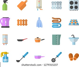Color flat icon set sink flat vector, flooring, heating batteries, boiler, frying pan, saute, meashuring cup, electric kettle, ladle, kitchen spoon, towel, cutting board, stove, pulverizer