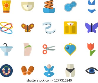 Color flat icon set sink flat vector, tulip, butterflies, pond, weighing machine, centimeter, buttocks, waistline, swimsuit, yoga, hoop, sun protection cream fector, hawaiian wreath, aquapark, eye