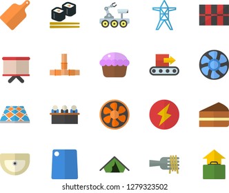 Color flat icon set sink flat vector, pipes, tile, flooring, cutting board, spaghetti on a fork, cupcake, piece of cake, fish rolls, ventilation, power line support, conveyor, flipchart, meeting