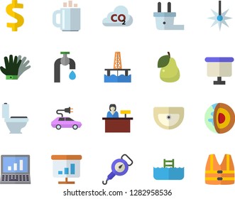 Color flat icon set sink flat vector, toilet, spring balance, pear, water tap, gloves, oil production platform, plug socket, electric cars, carbon dioxide, laser, dollar, flipchart, coffee, chart