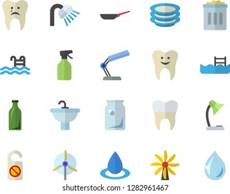 Color flat icon set sink flat vector, shower, frying pan, plates, pulverizer, windmill, drop, glass bottles, tooth, caries, dental crowns, reading lamp, pool, do not disturb fector, trash can