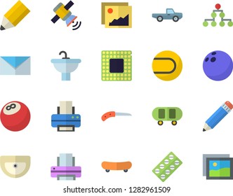 Color flat icon set sink flat vector, pickup truck, knife, pill packaging, printer, pencil, mail, satellit, cpu, classification, bowling ball, skateboard, tennis, gallery