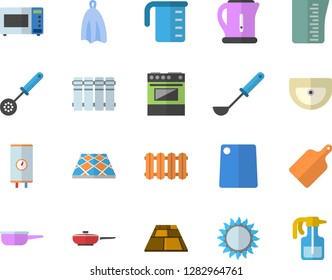 Color flat icon set sink flat vector, flooring, heating batteries, boiler, frying pan, saute, meashuring cup, electric kettle, ladle, kitchen spoon, towel, cutting board, stove, gas, microwave