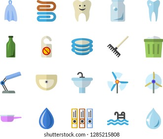 Color flat icon set sink flat vector, saute, towel, plates, rake, glass bottles, tooth, reading lamp, windmill, folders for papers, pool, do not disturb fector, trash can, drop