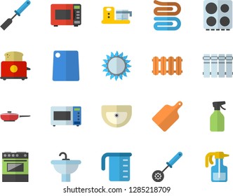 Color flat icon set sink flat vector, heating batteries, frying pan, meashuring cup, kitchen spatula, spoon, towel, cutting board, electric stove, gas, microwave, toaster, food processor, pulverizer