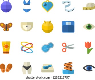 Color flat icon set sink flat vector, tulip, butterflies, pond, pool, weighing machine, centimeter, waistline, fitball, swimsuit, hoop, sun protection cream fector, aquapark, slippers, heart pendant