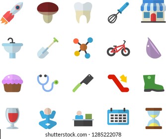 Color flat icon set sink flat vector, whisk, knives, cupcake, garlic, wine, mushroom, shovel, gumboots, store front, rocket, calendar, stethoscope, molecules, dental crowns, office worker, bicycle