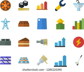 Color flat icon set sink flat vector, brick, flooring, cutting board, spaghetti on a fork, piece of cake, fish rolls, ventilation, power line support, wrench, chart, paper tray, lightning, golf
