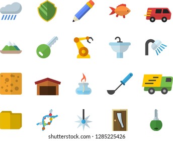 Color flat icon set sink flat vector, shower, Entrance door, ladle, fish, cheese, rain, laser, robotics, warehouse, trucking, DNA, computer file, pencil, gas burner, security fector, key, mountains