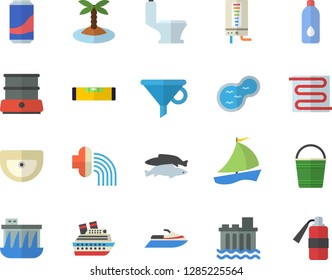 Color flat icon set sink flat vector, toilet, level meter, warm floor, boiler, double, fish, lemonade, bucketful, hose irrigation, pond, hydroelectric power station, funnel, sailboat, water, scooter