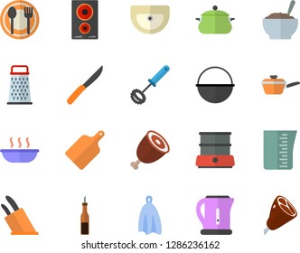 Color flat icon set sink flat vector, saucepan, cauldron, saute, meashuring cup, electric kettle, whisk, towel, knives, cutting board, induction cooker, double boiler, grater, table setting, sauce