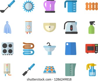 Color flat icon set sink flat vector, flooring, heating batteries, boiler, meashuring cup, electric kettle, ladle, kitchen spatula, towel, cutting board, stove, gas, microwave, pulverizer