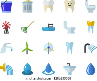 Color flat icon set sink flat vector, toilet, shower, faucet, windmill, rake, bucketful, hose irrigation, drop, tooth, caries, dental crowns, pool, trash can