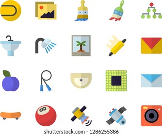 Color flat icon set sink flat vector, shower, rolling pin, plum, paint brush, mail, satellit, cpu, classification, bowling ball, skateboard, skipping rope, tennis, photo fector, gallery, camera