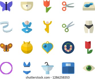 Color flat icon set sink flat vector, tulip, butterflies, pool, weighing machine, centimeter, waistline, fitball, swimsuit, yoga, gymnastics, hoop, hawaiian wreath fector, heart pendant, scissors