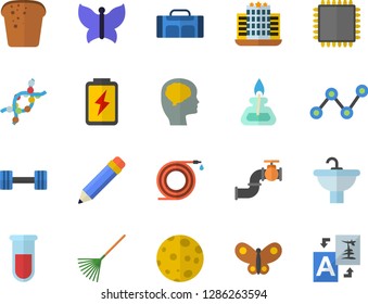 Color flat icon set sink flat vector, bread, hose, rake, butterflies, battery, main pipeline, scatter chart, blood test, DNA, pencil, moon, gas burner, cpu, brain fector, dumbbell, sport bag, hotel