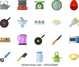 Color flat icon set sink flat vector, teflon, weighing machine, teapot, electric kettle, apron, whisk, kitchen egg timer, knives, microwave, double boiler, spice, glass jar, sieve, dish