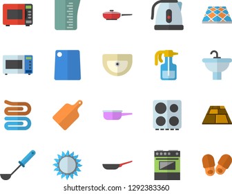 Color flat icon set sink flat vector, flooring, frying pan, saute, meashuring cup, electric kettle, ladle, towel, cutting board, stove, gas, microwave, pulverizer, slippers fector