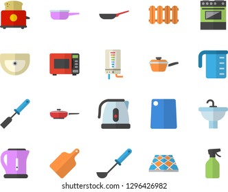Color flat icon set sink flat vector, flooring, heating batteries, boiler, frying pan, saute, meashuring cup, electric kettle, ladle, kitchen spatula, cutting board, stove, microwave, toaster