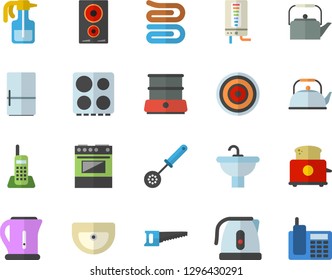 Color flat icon set sink flat vector, boiler, teapot, electric kettle, kitchen spoon, towel, stove, induction cooker, toaster, double, fridge, pulverizer, saw, telephone