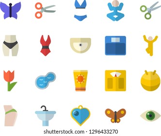 Color flat icon set sink flat vector, tulip, butterflies, pond, weighing machine, buttocks, waistline, fitball, swimsuit, yoga, gymnastics, sun protection cream fector, heart pendant, scissors, eye