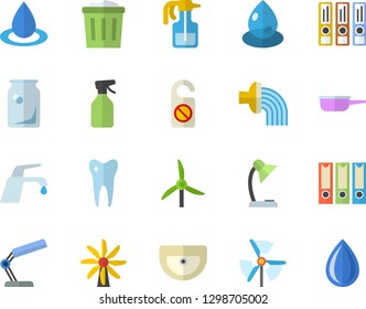 Color flat icon set sink flat vector, faucet, saute, pulverizer, hose irrigation, windmill, drop, glass bottles, tooth, reading lamp, folders for papers, do not disturb fector, trash can