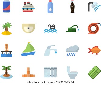 Color flat icon set sink flat vector, toilet, shower, pipes, heating batteries, faucet, fish, lemonade, hose, rain, oil production platform, sailboat, water, pool, island fector, cruise ship