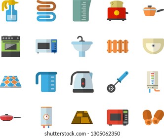 Color flat icon set sink flat vector, flooring, heating batteries, boiler, frying pan, saute, meashuring cup, electric kettle, kitchen spoon, towel, stove, microwave, toaster, pulverizer