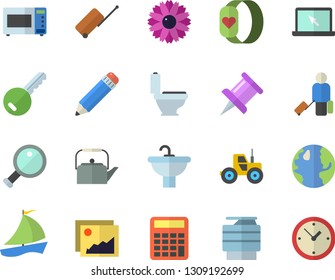 Color flat icon set sink flat vector, toilet, teapot, microwave, flower, tractor, earth, sailboat, drawing pin, pencil, copy machine, laptop, magnifier, calculator, fitness bracelet, luggage fector