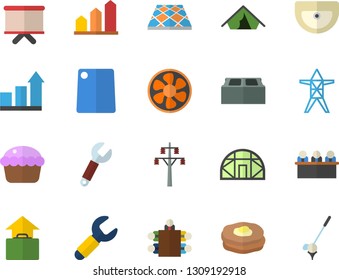 Color flat icon set sink flat vector, brick, flooring, cutting board, cupcake, pancakes, greenhouse, ventilation, power line support, wrench, flipchart, meeting, achievement chart, tent vector, golf