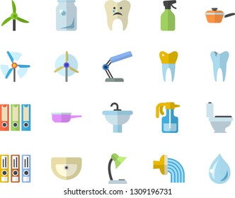 Color flat icon set sink flat vector, toilet, saute, pulverizer, hose irrigation, windmill, glass bottles, caries, dental crowns, reading lamp, folders for papers, drop