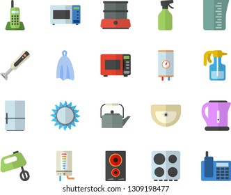 Color flat icon set sink flat vector, boiler, meashuring cup, teapot, electric kettle, towel, stove, induction cooker, gas, microwave, mixer, double, blender, fridge, pulverizer, telephone