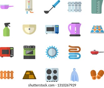 Color flat icon set sink flat vector, flooring, heating batteries, boiler, frying pan, saute, meashuring cup, electric kettle, ladle, towel, stove, gas, microwave, pulverizer, slippers fector