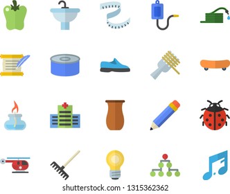 Color flat icon set sink flat vector, jugful, canned food, spaghetti on a fork, bell pepper, ladybird, hose, rake, medical warmer, helicopter, pencil, bulb, gas burner, hostory roll, classification