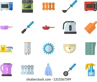 Color flat icon set sink flat vector, heating batteries, boiler, frying pan, saute, meashuring cup, electric kettle, ladle, kitchen spatula, spoon, towel, cutting board, stove, gas, microwave
