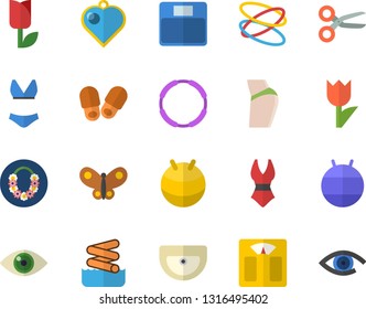 Color flat icon set sink flat vector, tulip, butterflies, weighing machine, buttocks, fitball, swimsuit, hoop, hawaiian wreath fector, aquapark, slippers, heart pendant, scissors, eye