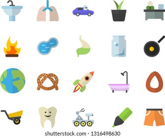 Color flat icon set sink flat vector, shower, teflon, bagel, sausage, home plant, garden wheelbarrow, bonfire, pond, autopilot, glass bottles, earth, marker, tooth, stomach, lungs, office worker