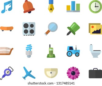 Color flat icon set sink flat vector, toilet, spring balance, electric stove, piece of cake, flower, tractor, drawing pin, statistic, ink pen, telephone, energy saving lamp fector, magnifier, bell