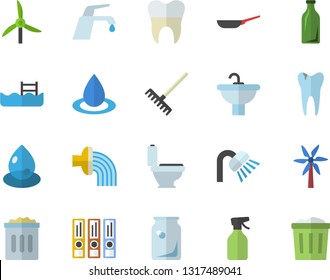 Color flat icon set sink flat vector, toilet, shower, faucet, frying pan, windmill, pulverizer, rake, hose irrigation, drop, glass bottles, caries, dental crowns, folders for papers, pool, trash can