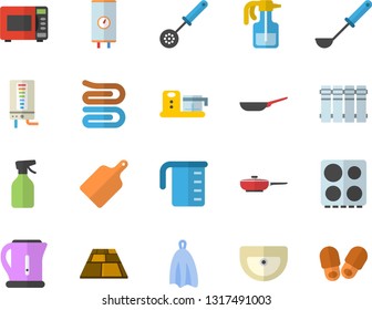 Color flat icon set sink flat vector, flooring, heating batteries, boiler, frying pan, meashuring cup, electric kettle, ladle, kitchen spoon, towel, cutting board, stove, microwave, food processor