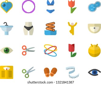 Color flat icon set sink flat vector, tulip, pond, weighing machine, centimeter, waistline, fitball, swimsuit, gymnastics, hoop, aquapark fector, slippers, heart pendant, scissors, eye